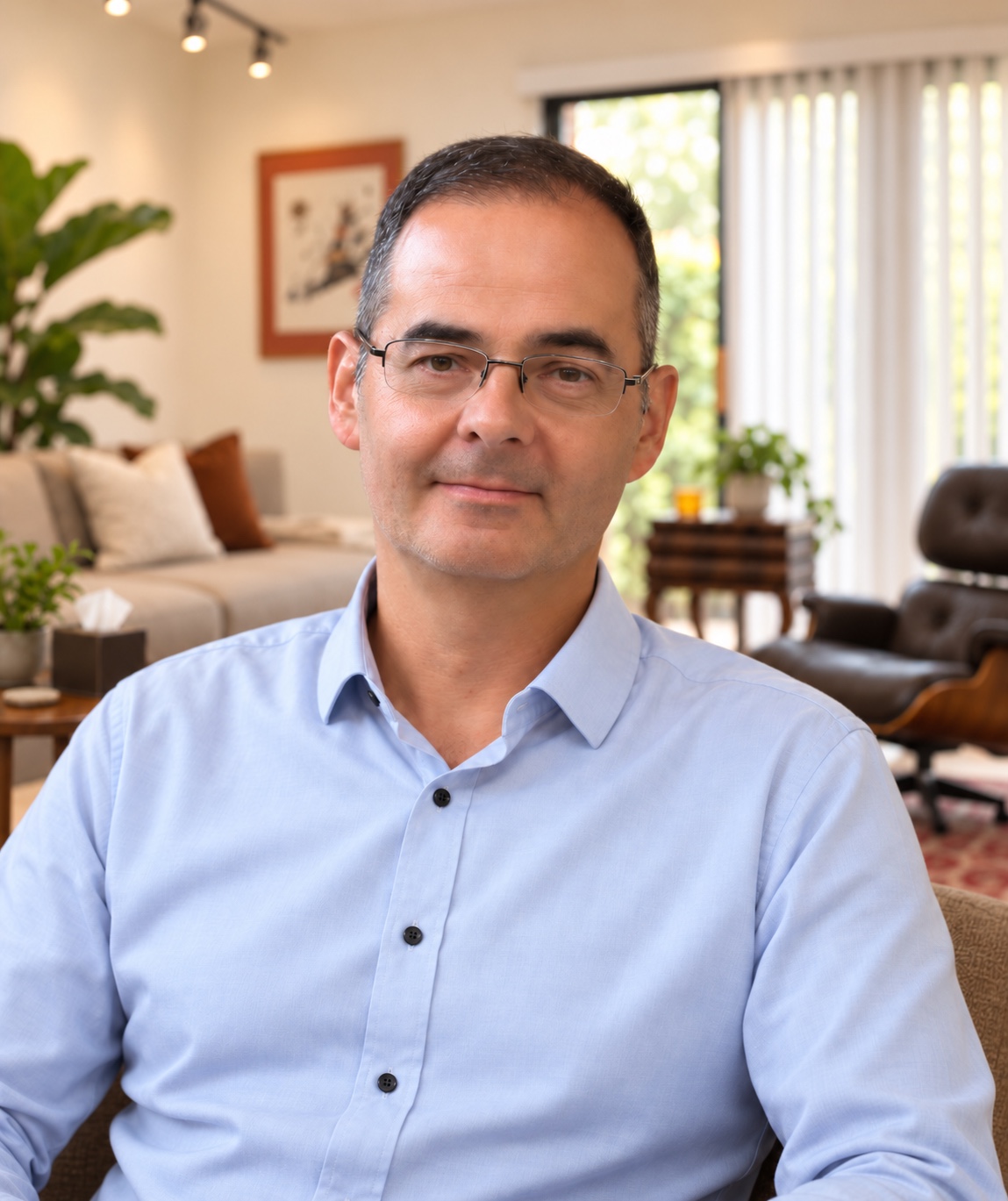 Roberto Figueroa seated in his office wearing glasses
